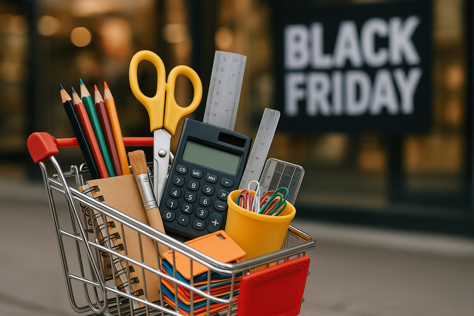 Kantoorartikelen vullen winkelwagentje tijdens Black Friday uitverkoop Afbeelding