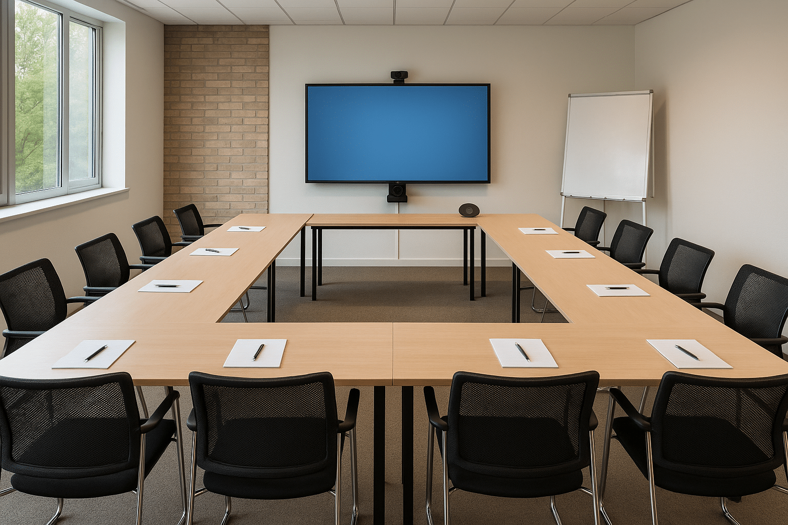 Vergaderruimte met moderne technologie en Uvormige opstelling Afbeelding