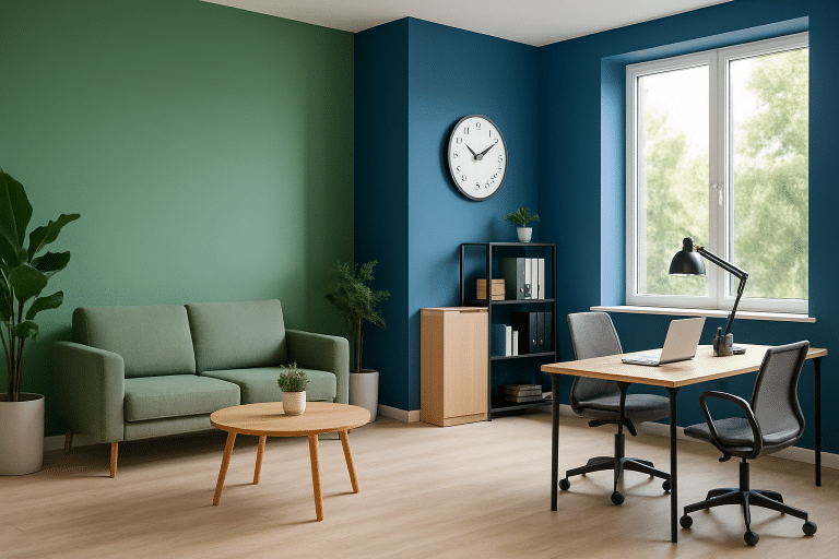 Moderne kantoorruimte met groene en blauwe tinten mix