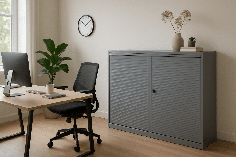 Moderne kantoorruimte met stijlvolle roldeurkast tegen muur Afbeelding