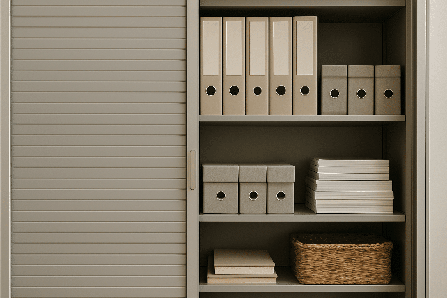 Een georganiseerde kast met open schuifdeuren en planken