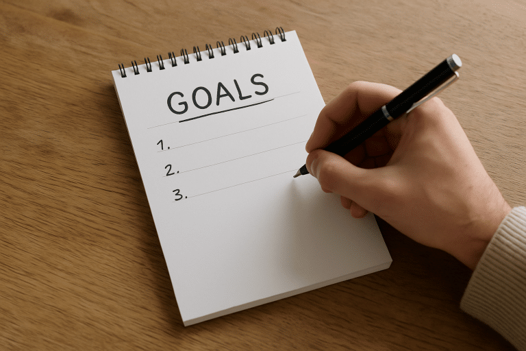 Een hand schrijft doelenlijst met een blauwe pen