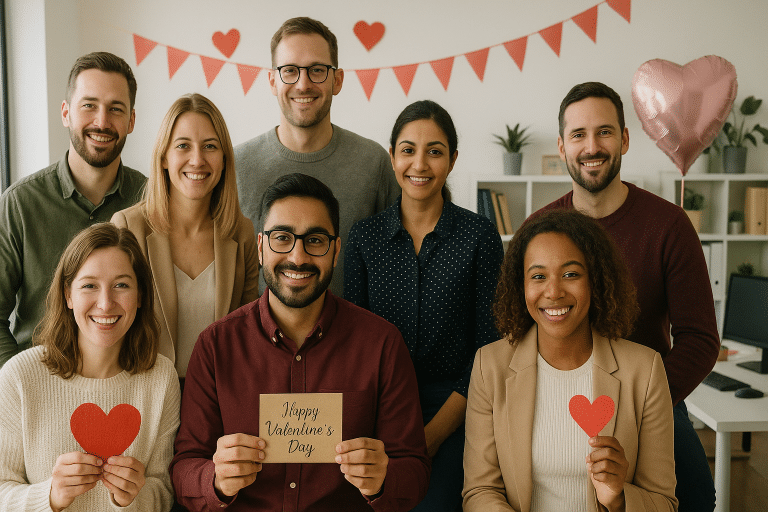 Collegas vieren Valentijnsdag op kantoor met decoraties Afbeelding