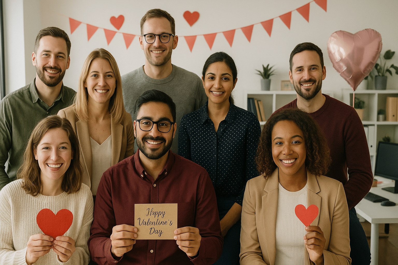 Collegas vieren Valentijnsdag op kantoor met decoraties Afbeelding