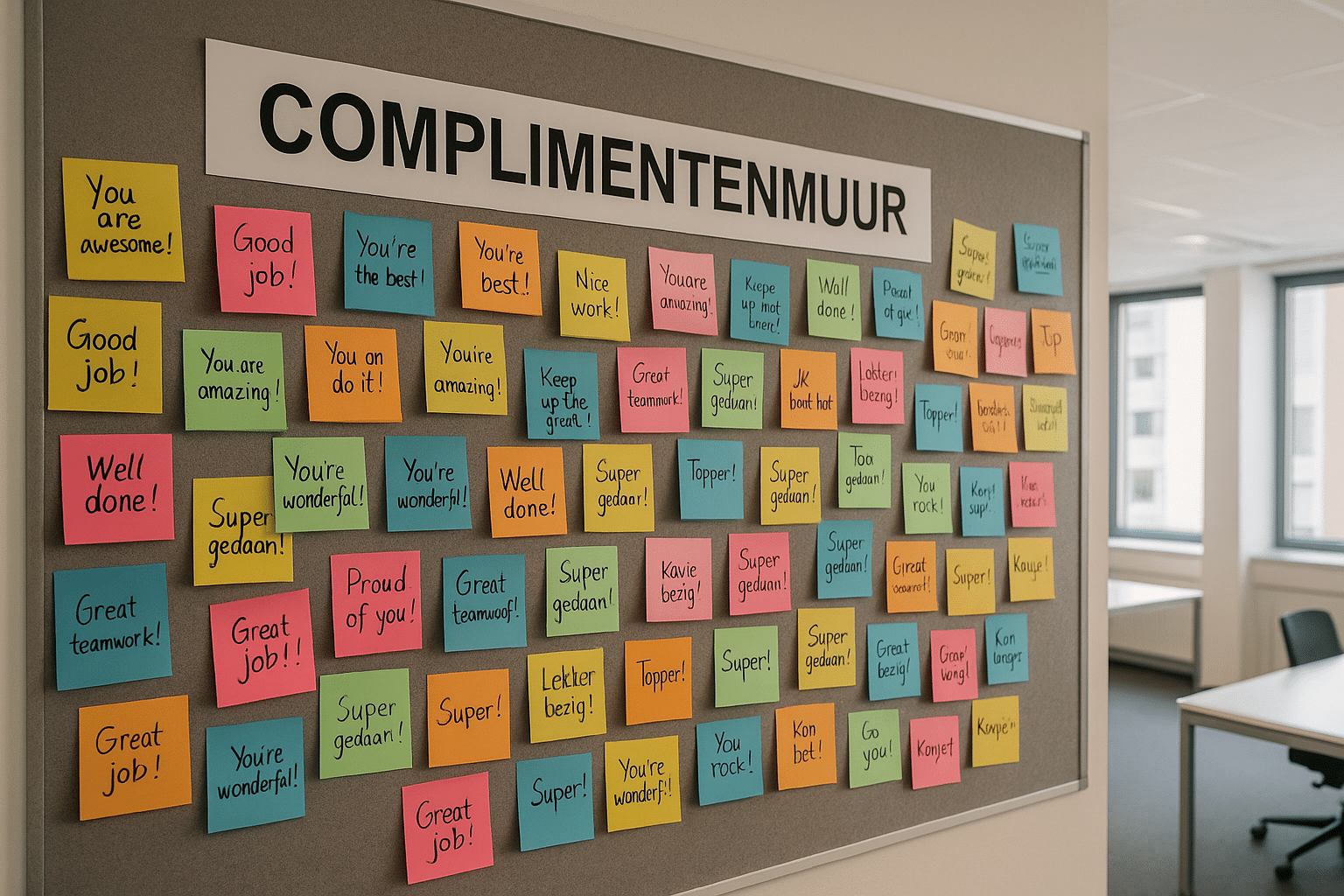 Complimentenmuur op kantoor met kleurrijke positieve berichten Afbeelding